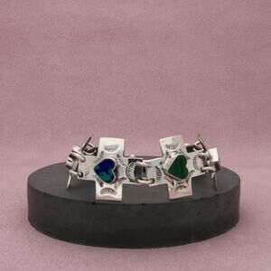 sterling silver vintage multi-stone hearts stamped cross bracelet size 7.25in